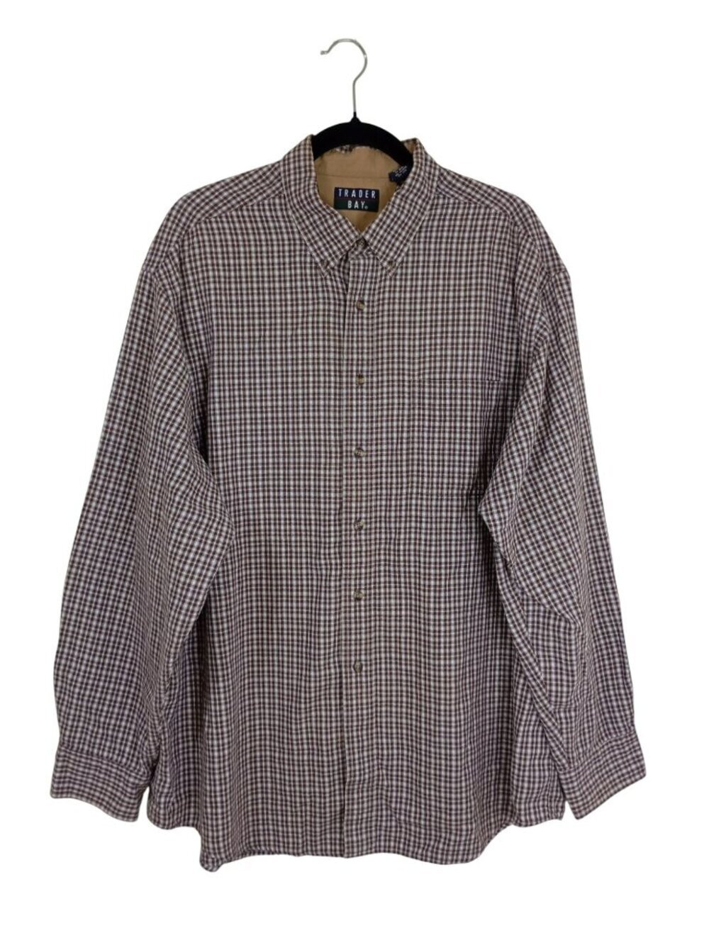 Trader Bay Mens XL Brown & White Checkered Button-Down Cotton Shirt